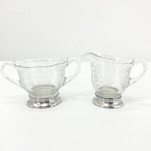 Antique Etched Glass Sugar & Creamer Set Sterling Silver Base